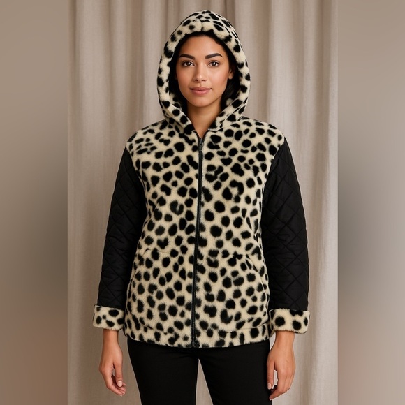 no brand Jackets & Blazers - Black & White Leopard Faux Fur Hoodie Jacket (No Brand, Unisex Fit)